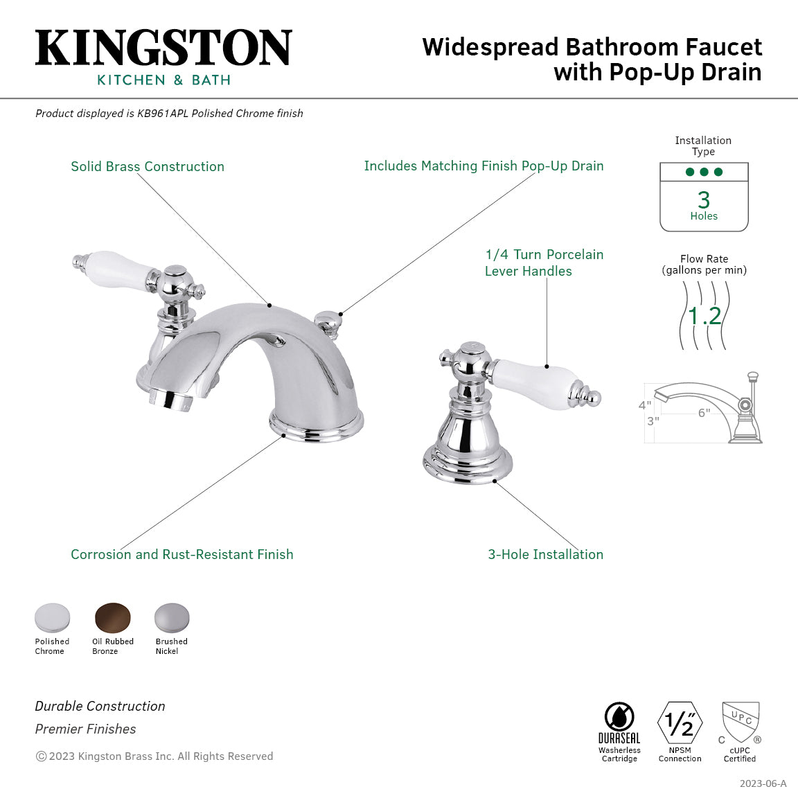 Kingston Tulare KB968APL - American Patriot Two-Handle 3-Hole Deck Mount Widespread Bathroom Faucet with Pop-Up Drain, Brushed Nickel — thumbnail 3